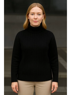 Kadın Balıkcı Yaka Bağazlı Triko Kazak Pamuklu Kalın Fitilli Dokuma - Siyah