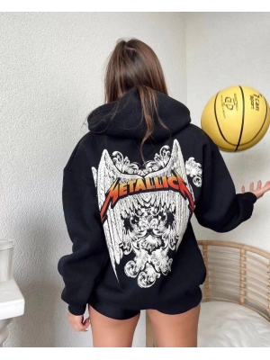 Kadın Baskılı Kapüşonlu Sweat - Siyah