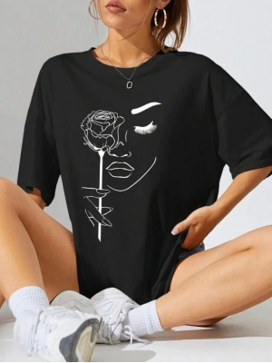 Kadın Baskılı Oversize T-shirt - Siyah