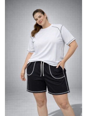 Kadın Battal Beden Kısa Kollu Tişört Şort Takım Kontrast Dikiş Detaylı Günlük Ev Giyimi - Beyaz