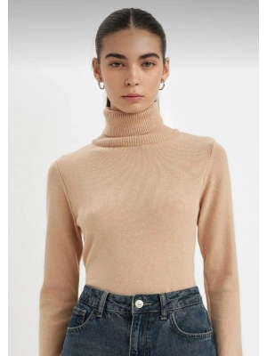 Kadın Bej Fitilli Balıkçı Yaka Triko Kazak