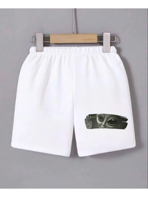 Kadın Beli Lastikli Baskılı Mini Şort - Beyaz