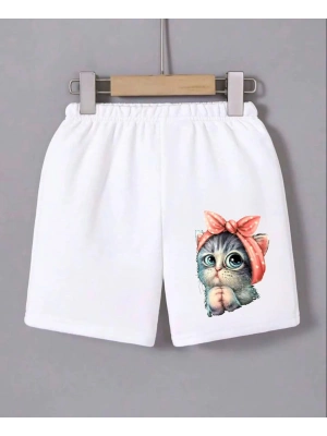 Kadın Beli Lastikli Baskılı Mini Şort - Beyaz