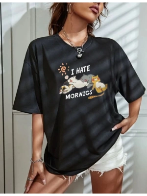 Kadın Bisiklet Yaka Baskılı Oversize T-Shirt - Siyah