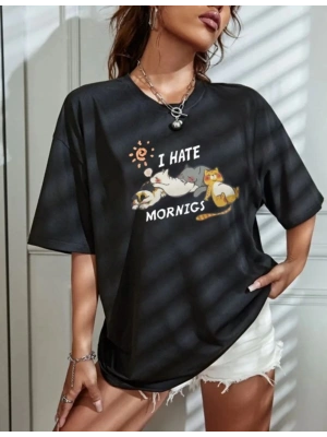 Kadın Bisiklet Yaka Baskılı Oversize T-Shirt - Siyah