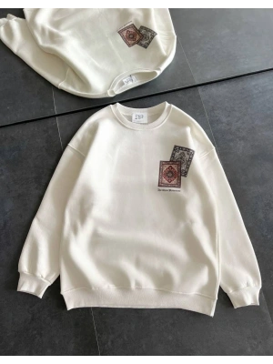 Kadın Bisiklet Yaka Baskılı SweatShirt - Beyaz