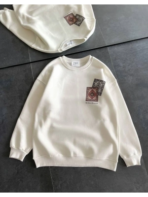 Kadın Bisiklet Yaka Baskılı SweatShirt - Beyaz