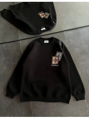 Kadın Bisiklet Yaka Baskılı SweatShirt - Siyah