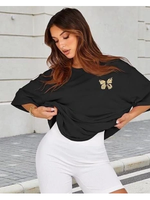 Kadın Bisiklet Yaka Baskılı T-shirt - Siyah