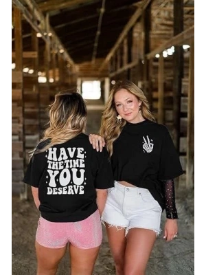 Kadın Bisiklet Yaka Kısa Kol Baskılı T-shirt - Siyah