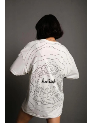 Kadın Bisiklet Yakalı Sırt Baskılı Oversize T-Shirt - Beyaz