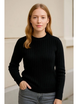 Kadın Bisiklet Yuvarlak Yaka Triko Kazak Pamuklu Kalın Fitilli Dokuma, Regular Fit Uzun Kollu Kışlık Model - Siyah