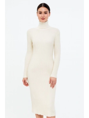 Kadın Boğazlı Triko Elbise – Uzun Fitilli Esnek Dokuma, Tam Kalıp, Kışlık & Baharlık Şık Rahat Stil, 130 cm Midi Boy Elbise - Beyaz