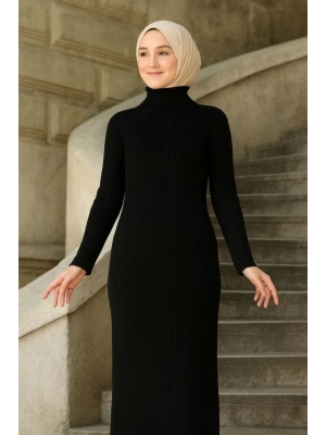 Kadın Tesettür Triko Elbise – Boğazlı Uzun Fitilli Dokuma, Esnek Tam Kalıp, 130 cm Midi Boy, Bahar & Kış Şık Rahat Stil - Siyah