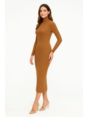 Kadın Boğazlı Triko Elbise – Uzun Fitilli Esnek Dokuma, Tam Kalıp, Kışlık & Baharlık Şık Rahat Stil, 130 cm Midi Boy Elbise - Kahverengi