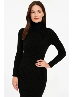 Kadın Boğazlı Triko Elbise – Uzun Fitilli Esnek Dokuma, Tam Kalıp, Kışlık & Baharlık Şık Rahat Stil, 130 cm Midi Boy Elbise - Siyah