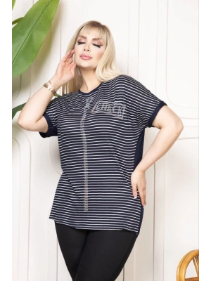 Kadın Büyük Beden Çizgili Taş Detaylı Kısa Kollu Likralı Viskon Tişört - Lacivert