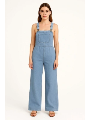 Kadın Chambray Açık Mavi Denim Görünümlü Geniş Paça Salopet Tulum - Mavi