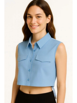 Kadın Crop Poplin Gömlek Yalancı Cepli, Ayarlanabilir Yan Kordonlu, - Bebe Mavisi