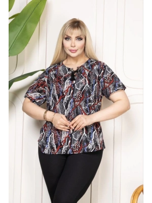 Kadın Desenli Püsküllü Viskon Bluz Bebe Yaka Kısa Kollu Big Size Rahat Kesim - Desenli