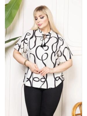 Kadın Desenli Püsküllü Viskon Bluz Bebe Yaka Kısa Kollu Big Size Rahat Kesim - Desenli