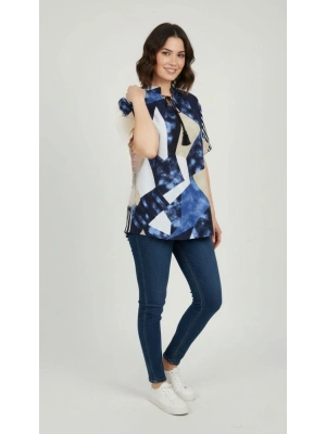 Kadın Desenli Püsküllü Viskon Bluz Bebe Yaka Kısa Kollu Big Size Rahat Kesim - Desenli