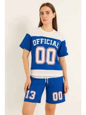 Kadın Şortlu Takım – Oversize İki İplik Kumaş, Ön & Arka Dijital Baskılı Tişört ve Lastikli Cepli Şort, Yazlık Günlük Spor Set - Mavi