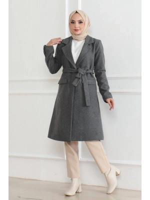 Kadın Düğmeli İçi Astarlı Kaşmir Kaşe Kaban - Bej