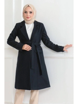 Kadın Düğmeli İçi Astarlı Kaşmir Kaşe Kaban - Lacivert