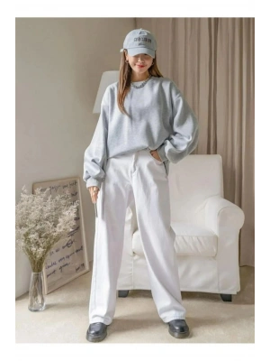 Kadın Düz Bisiklet Yaka Sweat - Gri