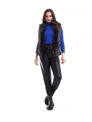 Kadın Fermuarlı Koyun Derisi Tilki Kürkü - Siyah