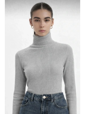 Kadın Gri Fitilli Balıkçı Yaka Triko Kazak