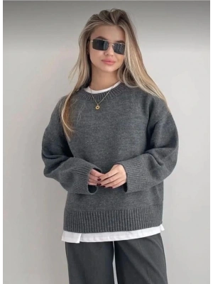 Kadın Gri Oversize Triko Kazak