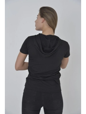 Kadın Kapşonlu Slim Fit T-shirt - Siyah