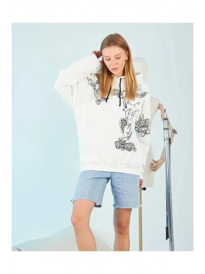 Kadın Kapüşonlu Strong Heykel Baskılı Sweatshirt - Beyaz