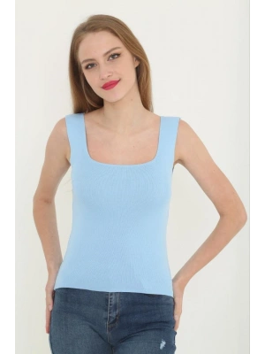 Kadın Kare Yaka Detay Crop - Mavi