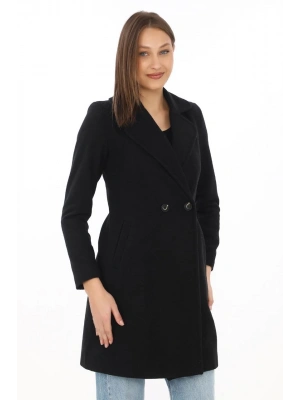 Kadın Kaşe Kaban – Siyah Yünlü Dokuma, Kruvaze Yaka, Astarlı, Cepli, Kuşaklı Uzun Boy Tesettür Uyumlu Kışlık Şık Kaban - Siyah