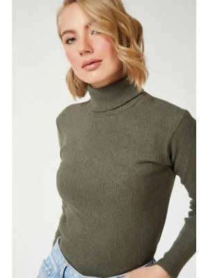 Kadın Kaşkorse Boğazlı Full Likralı Fitilli Body Kazak - Haki