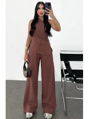 Kadın Keten Asimetrik Tek Omuzlu Bluz Pantalon Takım- Bordo