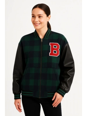 Kadın Kolej Ceket – Kareli Oduncu Kumaş, Kolları Suni Deri, Fermuarlı, İçi Kapitone Astarlı, Nakışlı Oversize Bahar & Kış Stil - Haki