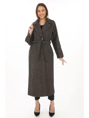 Kadın Kolu Apoletli Astarlı Kaşmir Kaşe Kaban - Füme