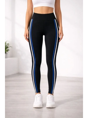 Kadın Likralı Yan Beyaz Mavi Şeritli Detaylı Tayt - Siyah