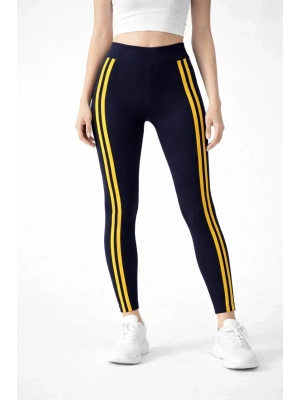 Kadın Likralı Yan Sarı Şeritli Detaylı Tayt - Siyah