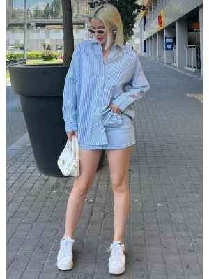 Kadın Mavi Çizgili Oversize Poplin Gömlek