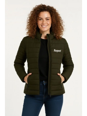 Kadın Mikro Su İtici Kapitone Baskılı Astarlı Fermuarlı Bomber Mont - Haki