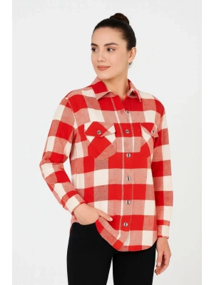 Kadın Oduncu Gömlek – Uzun Kollu, Şardonlu Kumaş, Kırmızı Beyaz Kareli Desen, Regular Fit, Çift Cepli, Manşetli Günlük Şık Stil - Bordo