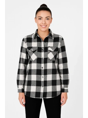 Kadın Oduncu Gömlek – Uzun Kollu, Şardonlu Kumaş, Kırmızı Beyaz Kareli Desen, Regular Fit, Çift Cepli, Manşetli Günlük Şık Stil - Siyah