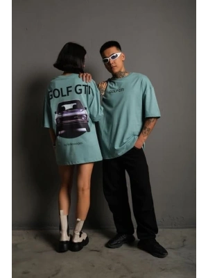 Kadın Oversize Baskılı Tişört – Golf GTI Retro Araba Desenli, Ön & Arka Dijital Baskı, Sokak Modası Stil - Mint Yeşili
