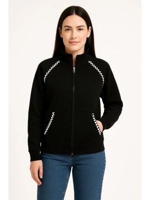 Kadın Oversize Dik Yaka Fermuarlı Sweatshirt - Zincir Nakışli Kanguru Cepli, - Siyah