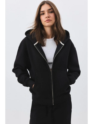 Kadın Premium Fermuarlı Kapşonlu Sweatshirt Siyah 2032